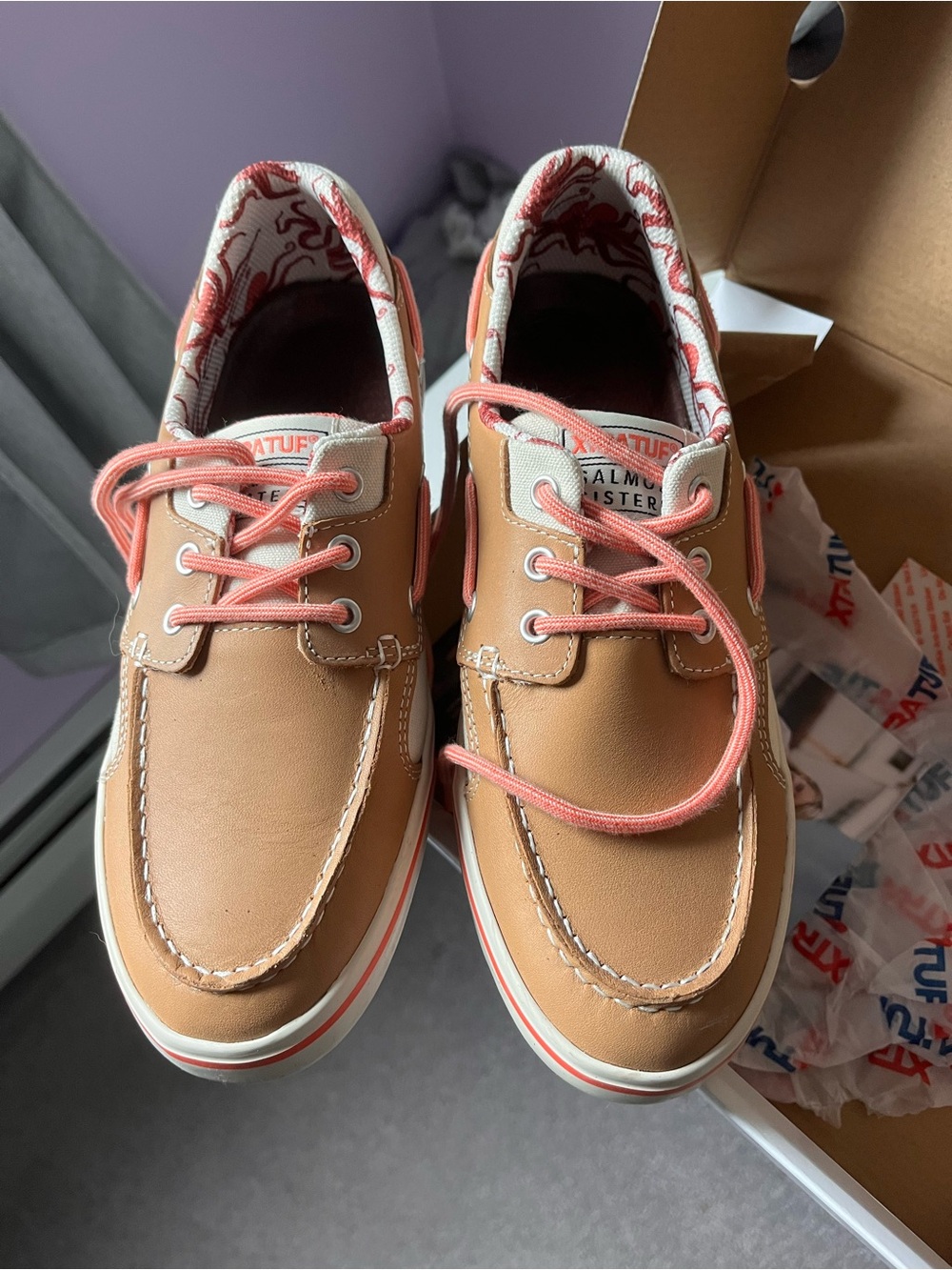 Women’s Salmon Sisters Finatic ll Tan/ Octopus Print Boat Shoes with Coral Laces